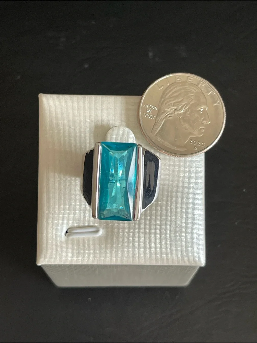 Silver plated Rectangular Teal crystal Cocktail Ring.